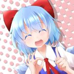  :d blue_hair blush bow cirno closed_eyes dutch_angle eyes_closed hair_bow hair_ornament halftone halftone_background hand_gesture highres hiro_(pqtks113) index_finger_raised ok_sign open_mouth polka_dot polka_dot_background raised_finger short_hair smile solo touhou wings 