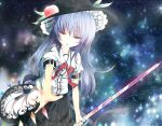  blue_hair fruit hat hinanawi_tenshi long_hair night pink_eyes skirt sky stars sword touhou umagenzin weapon 