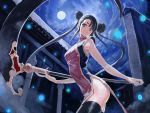  black_hair brown_eyes chinese_dress long_hair moon nopan scythe thigh-highs twintails 