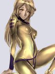  blonde_hair blue_background bodysuit breasts brown_hair dodai_shouji gold highres long_hair mori_yuki simple_background solo uchuu_senkan_yamato uchuu_senkan_yamato_2199 yellow_eyes 