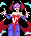  bare_shoulders bat_wings bridal_gauntlets demon_girl head_wings kimuchi lavender_hair lilith_aensland low_wings navel open_mouth pantyhose print_pantyhose red_eyes short_hair solo succubus vampire_(game) wings 