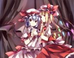  ascot blonde_hair blue_hair bow crystal curtains demon_wings flandre_scarlet hand_holding hat hat_bow holding_hands multiple_girls myuutsuu puffy_sleeves red_eyes remilia_scarlet short_sleeves siblings side_ponytail sisters smile touhou window wings wrist_cuffs 