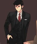  arsene_lupin_iii brown_background formal hand_in_pocket lupin_iii male signature simple_background smile solo standing suit toujou_sakana 