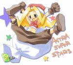  astra_super_stars bag blonde_hair clenched_hand clenched_hands gift gloves grey_eyes hat long_hair pants raised_fists rouge_(astra_super_stars) rouge_(astral_super_stars) santa_hat shoes smile solo spread_legs tatata title_drop white_background 