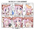  animal_ears blue_eyes blush bow chart closed_eyes expressions eyes_closed fang hat hat_removed headwear_removed ichimura_kanata microphone mystia_lorelei open_mouth petting pink_hair short_hair touhou translation_request wink 