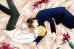  bad_id blonde_hair bracelet brown_eyes brown_hair cross cross_necklace fate/zero fate_(series) fetal_position gilgamesh jewelry kotomine_kirei male multiple_boys necklace niboboshi on_bed red_eyes spill wine 
