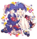  :d blue_eyes blue_hair bow butterfly cecile_(magdala_na_maria) copyright_request eyepatch flower hair_flower hair_ornament hands_together hat hat_bow heart heart_necklace highres jewelry kneehighs looking_at_viewer magdala_na_maria moriyama_shijimi multiple_girls necklace open_mouth skirt smile striped striped_legwear stuffed_animal stuffed_toy teddy_bear thighhighs twintails white_legwear 