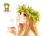  bare_arms blush_stickers bust chibi cup dress drink dual_persona food_themed_clothes freckles green_tea head_wreath leaf light_brown_eyes light_brown_hair lips long_hair looking_up meago original parted_lips personification portrait rough signature simple_background smile solo steam tea teacup very_long_hair white_background 