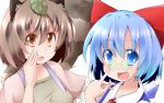  animal_ears bespectacled blue_eyes blue_hair blush bow breasts brown_eyes brown_hair cirno futatsuiwa_mamizou glasses glasses_removed hair_bow highres hiro_(pqtks113) leaf leaf_on_head looking_at_viewer multiple_girls open_mouth raccoon_ears short_hair short_sleeves smile touhou 