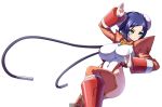  android arcana_heart blue_hair breasts bun_cover cable chinese_clothes double_bun fighting_stance green_eyes hair_ornament hairclip huge_breasts large_breasts leotard long_hair mei-fang official_art short_hair solo thigh-highs thighhighs watermark 