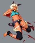  1girl aqua_eyes bare_shoulders barefoot bell bell_collar belt blood blue_eyes bob_cut breasts bust cat_ears cat_tail claws cleavage collar collar_bell dark_skin fang fangs fingernails grey_background long_fingernails long_toenails midriff nadia_fortune scar scratches short_hair shorts skullgirls smile solo tail toenails ultra00 under_boob underboob underwear white_hair 