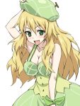  beret blonde_hair breasts cleavage green_eyes hand_on_hat hat hoshii_miki idolmaster inu1tou long_hair open_mouth simple_background solo white_background 