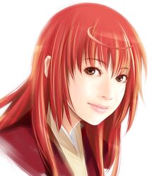  brown_eyes buratei_marii bust face highres joshiraku lips long_hair looking_at_viewer portrait realistic red_hair redhead revision shoumaru_(gadget_box) solo white_background 