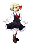  blonde_hair blouse blush boots bow hair_ribbon hiro_(pqtks113) looking_at_viewer open_mouth outstretched_arms red_eyes ribbon rumia shirt short_hair skirt skirt_set smile solo standing touhou transparent_background 