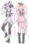  adventure_time alternate_costume boots curryuku english hat hat_tip holding holding_hat long_hair marceline monochrome multiple_girls princess_bubblegum standing twintails 