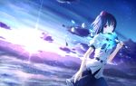  alternate_eye_color backlighting belt black_hair cloud clouds dress_shirt dutch_angle fan glowing hat holding jofree mountain open_mouth parted_lips puffy_short_sleeves puffy_sleeves purple_eyes red_eyes shameimaru_aya shirt short_hair short_sleeves skirt sky solo sun sunlight sunrise sunset tokin_hat touhou twilight 