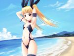  armband armpits arms_behind_head beach bikini blazblue blonde_hair choker flat_chest hair_ribbon long_hair looking_at_viewer naoki_(endofcentury102) ocean rachel_alucard red_eyes ribbon solo swimsuit twintails 