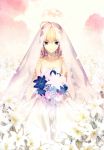 absurdres ahoge bare_shoulders blonde_hair bouquet breasts bridal_veil choker cleavage dress elbow_gloves fate/stay_night fate_(series) flower gloves green_eyes highres official_art saber scan smile solo takeuchi_takashi veil wedding_dress 