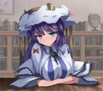  blue_eyes blush book bookshelf breast_rest breasts capelet colored crescent crossed_arms desk dress globe hat large_breasts long_hair looking_at_viewer patchouli_knowledge purple_hair santa_(kaisou_hikuutei) santa_syokatu shishamo@ smile solo striped striped_dress touhou wide_sleeves 
