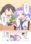  1boy 2girls admiral_(kantai_collection) battlegaregga brown_hair commentary cup food gloves hair_ribbon hatsuharu_(kantai_collection) kantai_collection long_hair multiple_girls ponytail purple_hair ribbon teacup tone_(kantai_collection) translated twintails violet_eyes wagashi youkan_(food) 