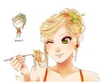  bare_arms blonde_hair blush_stickers bust chibi collarbone dress dual_persona earrings food food_themed_clothes fork green_eyes hair_as_food hair_bun hair_ornament holding jewelry leaf lips long_hair meago noodles orange_dress original personification portrait rough signature simple_background smile solo spaghetti white_background wink 