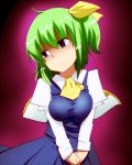  ascot blue_eyes bow breast_squeeze breasts daiyousei dress empty_eyes green_hair hair_bow hyudora long_sleeves looking_away short_hair side_ponytail simple_background smile solo touhou wings 