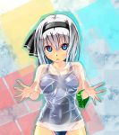  :o blue_eyes blue_swimsuit hairband konpaku_youmu looking_at_viewer one-piece_swimsuit school_swimsuit shirt short_hair silver_hair solo swimsuit swimsuit_under_clothes touhou unomi wet wet_clothes wet_shirt 