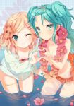  alternate_hairstyle aqua_eyes aqua_hair bad_id bikini blonde_hair blue_eyes bouryoku_koguma breasts cleavage derivative_work flower forehead hair_flower hair_ornament hairclip hatsune_miku heart heart_hands heart_hands_duo kagamine_rin long_hair multiple_girls open_clothes sailor_collar short_hair smile swimsuit topless twintails vocaloid water wink wreath 