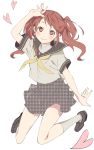  bad_id brown_eyes brown_hair colored_eyelashes full_body hand_on_head heart heart-shaped_pupils highres houndstooth jumping kujikawa_rise loafers long_hair looking_at_viewer miniskirt moroheso persona persona_4 school_uniform serafuku shoes simple_background skirt smile socks solo symbol-shaped_pupils twintails unmoving_pattern white_background 