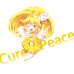  absurdres bike_shorts blonde_hair boots character_name choker cure_peace double_v dress english hair_ornament highres kise_yayoi long_hair magical_girl open_mouth precure sakura_hazuki shorts_under_skirt skirt smile smile_precure! solo v wink wrist_cuffs yellow_dress yellow_eyes 