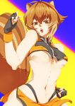  animal_ears blazblue blush breasts brown_eyes brown_hair fingerless_gloves gloves highres large_breasts looking_at_viewer makoto_nanaya midriff navel shiridan_(pypxx) solo squirrel_ears squirrel_tail tail thigh-highs thighhighs under_boob underboob 