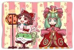  :3 alternate_costume aqua_eyes blush bow character_request emu_(toran) ex-keine fan frills green_hair hair_bow hair_ornament hair_ribbon hair_tubes hakurei_reimu hinamatsuri horn horn_ribbon horns japanese_clothes kaenbyou_rin kaenbyou_rin_(cat) kagiyama_hina kamishirasawa_keine kamishirasawa_keine_(hakutaku) long_hair long_sleeves looking_at_viewer multiple_tails red_eyes ribbon solid_circle_eyes striped striped_background sukusuku_hakutaku tail touhou wide_sleeves yukkuri_shiteitte_ne 