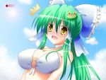  1girl alternate_hairstyle blush bow breasts cleavage cloud clouds frog_hair_ornament green_hair hair_bow hair_ornament kochiya_sanae large_breasts long_hair o-ring_bikini o-ring_top open_mouth osashin_(osada) ponytail recording shiny shiny_skin sky snake_hair_ornament solo strap_gap touhou yellow_eyes 