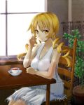  alternate_costume amayofuu blonde_hair breasts casual chair cup dress drill_hair large_breasts looking_at_viewer mahou_shoujo_madoka_magica plant potted_plant sitting skirt smile solo spoon table teacup tomoe_mami twin_drills window yellow_eyes 