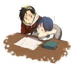  1girl arm_rest bangs black_hair blue_hair blush book closed_eyes crystal_(pokemon) eyes_closed goggles goggles_on_head gold_(pokemon) inuyaki paper pen pokemon pokemon_special simple_background sleeping staring table twintails white_background yellow_eyes 