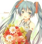  :d aqua_eyes aqua_hair bare_shoulders bouquet detached_sleeves flower hatsune_miku holding leaf long_hair looking_at_viewer necktie open_mouth smile solo twintails uramakaron vocaloid 