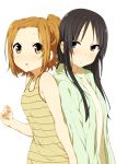  akiyama_mio alternate_hairstyle black_eyes black_hair black_legwear blush brown_hair girock hime_cut k-on! long_hair multiple_girls one_side_up short_hair simple_background smile tainaka_ritsu very_long_hair 