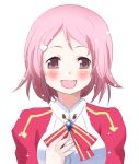  :d blush bowtie face freckles hair_ornament hairclip hand_on_own_chest happy hoshi_mirin lisbeth open_mouth pink_hair puffy_sleeves purple_eyes short_hair smile solo sword_art_online violet_eyes 