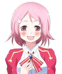  :d blush bowtie face freckles hair_ornament hairclip hand_on_own_chest happy hoshi_mirin lisbeth open_mouth pink_hair puffy_sleeves purple_eyes short_hair smile solo sword_art_online violet_eyes 