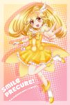  blonde_hair boots choker cure_peace dress hair_ornament highres kise_yayoi long_hair magical_girl open_mouth pink_background precure renkawu skirt smile smile_precure! solo title_drop v wrist_cuffs yellow_dress yellow_eyes 