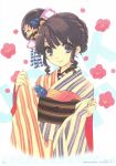  black_eyes brown_hair drill_hair flower hair_flower hair_ornament highres itou_noiji japanese_clothes kimono looking_at_viewer original scan smile solo twin_drills 