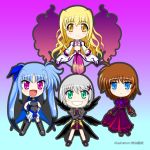  armor blonde_hair blue_eyes blue_hair blush bow brown_hair cape chibi crossed_arms fingerless_gloves gloves gradient gradient_background green_eyes grey_hair grin hair_ribbon long_hair lyrical_nanoha mahou_shoujo_lyrical_nanoha mahou_shoujo_lyrical_nanoha_a&#039;s mahou_shoujo_lyrical_nanoha_a&#039;s_portable:_the_gears_of_destiny mahou_shoujo_lyrical_nanoha_a's mahou_shoujo_lyrical_nanoha_a's_portable:_the_gears_of_destiny material-d material-l material-s midriff momotensi multicolored_hair multiple_girls navel open_mouth puffy_pants puffy_sleeves purple_eyes ribbon short_hair skirt smile thigh-highs thighhighs twintails u-d very_long_hair violet_eyes wide_sleeves wings yellow_eyes 
