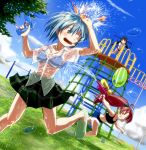  akemi_homura bikini buruma cloud clouds grass gym_uniform highres mahou_shoujo_madoka_magica miki_sayaka multiple_girls no_socks running sakura_kyouko see-through sky splashing swimsuit water water_balloon water_gun wet 