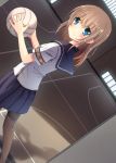  blue_eyes blush brown_hair dutch_angle gym highres holding indoors looking_back original oruton pantyhose pleated_skirt school_uniform short_hair short_sleeves skirt smile solo volleyball 