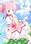  absurdres bow choker dress gloves hair_bow highres kaname_madoka kisaichi_jin kyubey looking_at_viewer mahou_shoujo_madoka_magica outstretched_arms pink_eyes pink_hair promotions puffy_sleeves short_hair short_twintails smile spread_arms twintails 