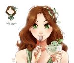  1girl bare_arms blush_stickers brown_hair bust chibi cup dress dual_persona eating food food_themed_clothes green_dress green_eyes hair_ribbon holding ice_cream leaf long_hair looking_at_viewer meago original personification portrait ribbon rough signature simple_background smile solo spoon wavy_hair white_background 