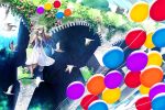  1girl animal arch balloon bird blue_eyes brown_hair dress flower flowers grin hat jewelry leaf long_hair necklace original plant scarf scenery smile solo water waterfall white_dress 