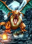  aozarigani cave charizard fang fire green_eyes no_humans open_mouth pokemon pokemon_(creature) pokemon_(game) reflection solo sunlight wings 