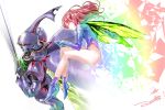  80s butterfly_wings cham_fau closed_eyes colorful dunbine eyes_closed fairy holding hood leotard looking_at_viewer mecha oldschool pink_hair seisenshi_dunbine solo sword weapon wings yuugen 