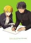  blonde_hair brown_eyes brown_hair casual cross cross_necklace fate/stay_night fate/zero fate_(series) gilgamesh jewelry kotomine_kirei male multiple_boys necklace paper pen red_eyes vox writing 